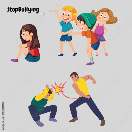 Bullying depiction with children, various forms, stark gray background. Perfect for antibullying campaigns, educational materials, and social awareness projects.