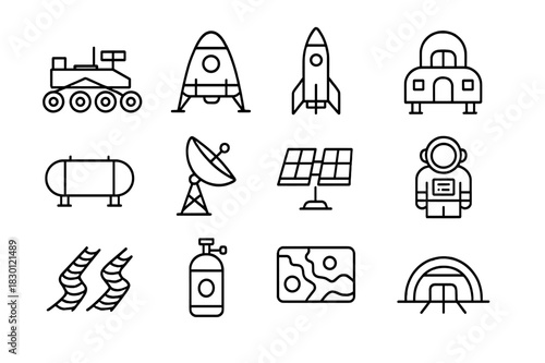 Mars Colonization Icons. Mars colonization transport. Line icon set of Mars colonization transport: Mars rover, landing capsule, rocket, base habitat, fuel