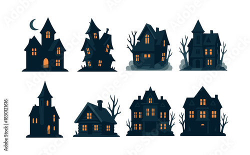 Haunted house collection, spooky buildings, flat vector illustration