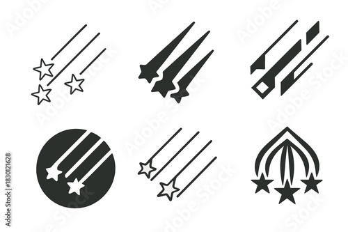 Meteor Shower Logos. Meteor shower. Icon set. Set Logo of meteor shower: Shooting stars streaking across sky. harmonious logo variations of the same emblematic