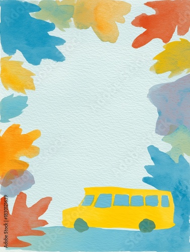 Watercolor autumn-themed background with yellow school bus silhouette and colorful falling leaves on textured white paper, creating a cheerful frame with open space for text in the center