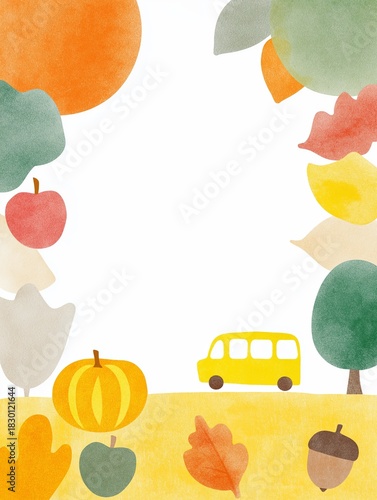 Watercolor autumn background with colorful leaves, acorns, pumpkins, and a yellow school bus on white paper, border-style layout with cheerful seasonal elements, back-to-school and fall celebration 