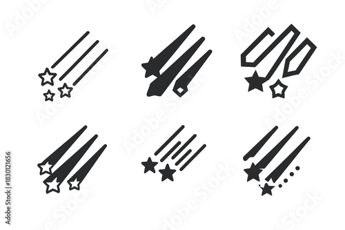 Meteor Shower Logos. Meteor shower. Icon set. Set Logo of meteor shower: Shooting stars streaking across sky. harmonious logo variations of the same emblematic