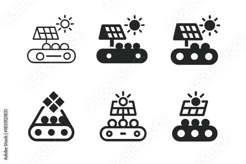 Mining Energy Icons. Efficient energy use in mining industries. Icon set. Set Logo of efficient energy use in mining industries: conveyor belt with solar panel