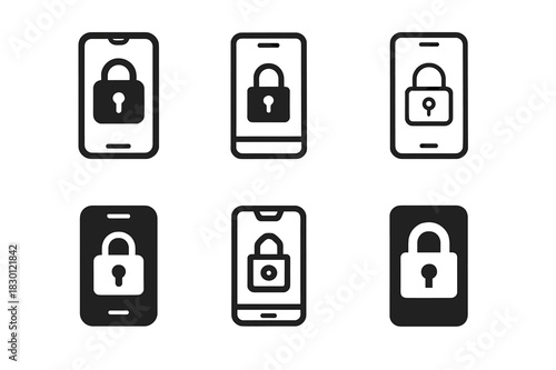 Mobile Banking Icons. Mobile banking security. Icon set. Set Logo of mobile banking security: mobile with padlock keyhole. harmonious logo variations of the