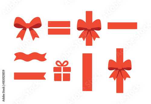 Red ribbon and gift box, flat vector illustration, holiday decorations, festive design