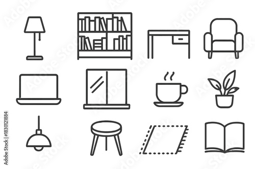 Modern Library Icons. Modern library. Line icon set of modern library: floor lamp, bookshelf wall, minimal desk, armchair, laptop, glass window, coffee cup,