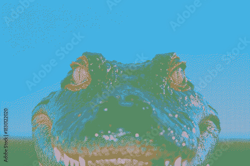 Surreal depiction of a blue-tinted amphibian with exaggerated features