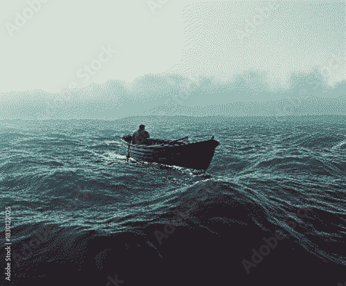 Solitary figure in a boat on turbulent sea with overcast sky