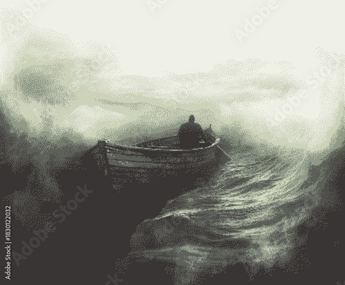 A solitary figure in a boat navigating through turbulent waters, evoking a surreal atmosphere.