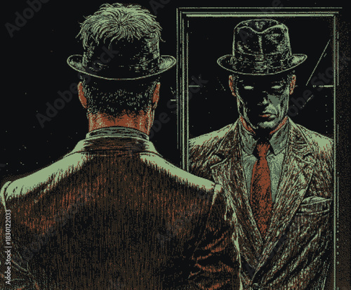 Stylized illustration of a man in vintage attire reflected in a mirror