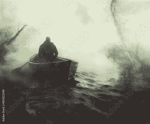 Mysterious figure in a boat amidst foggy water, evoking a surreal atmosphere.