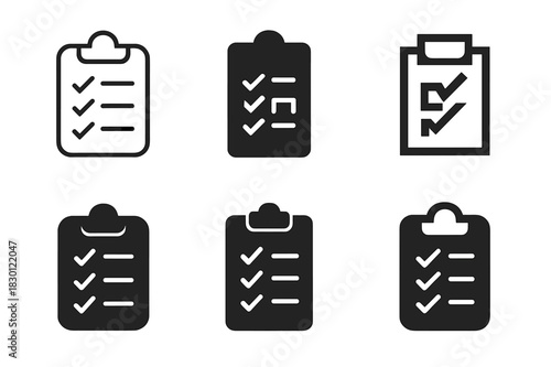 Morning Checklist Icons. Planning the workday with a morning checklist. Icon set. Set Logo of planning the workday with a morning checklist: clipboard with