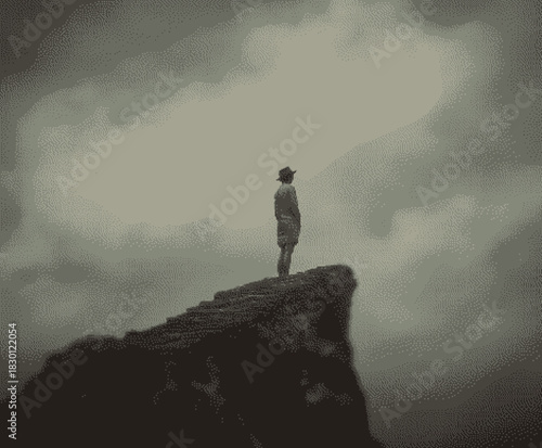 Lonely figure standing on a cliff against a dramatic sky