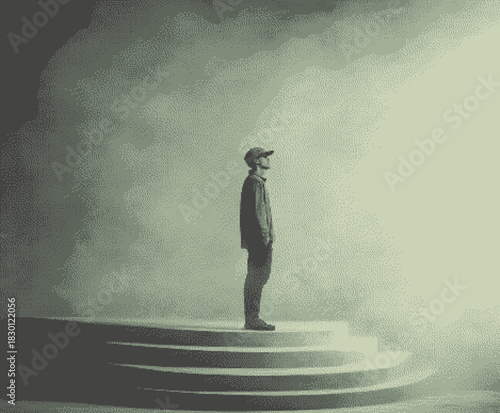 A figure stands on steps in a misty, surreal atmosphere emphasizing minimalism and monochromatic tones.
