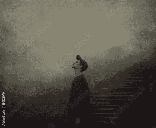 A person gazing upwards in a moody, atmospheric setting with soft lighting.