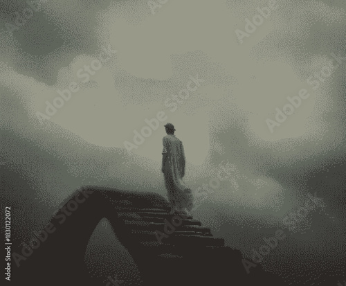 Ethereal figure walking on a surreal bridge under dramatic clouds