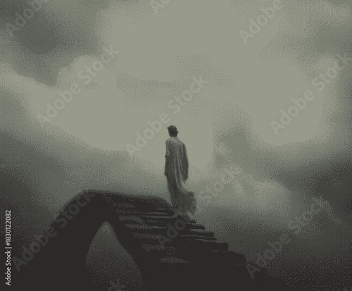 A solitary figure stands on an archway under a cloudy sky, evoking a surreal atmosphere.