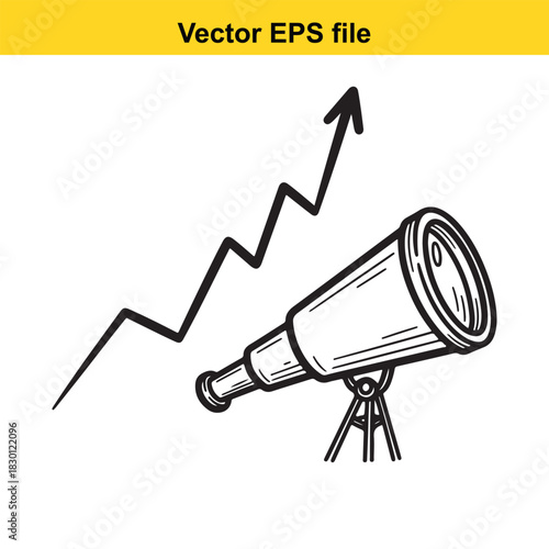 Black and white line art vector illustration of a telescope on a tripod pointing towards a sharply rising, jagged upward trending arrow symbolizing growth and future vision