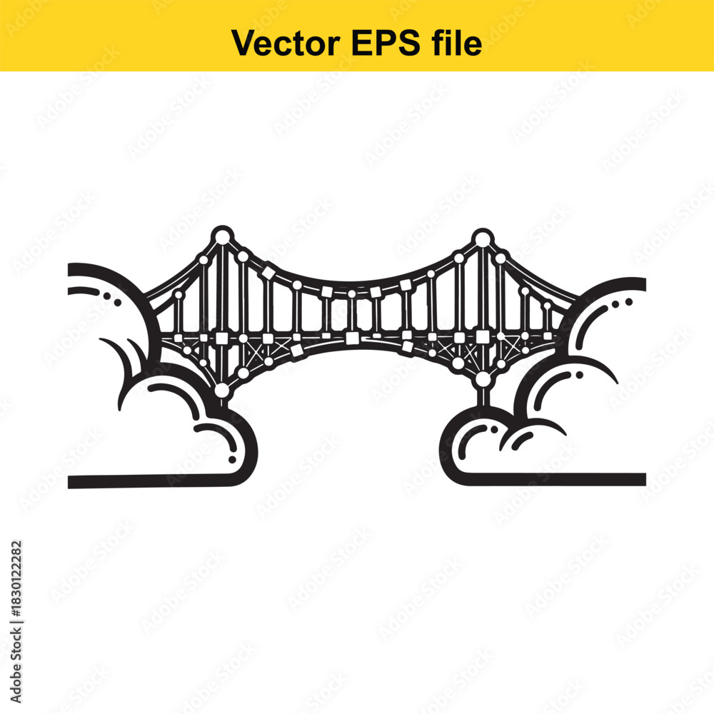 Obraz premium Black and white vector line art icon of a suspension bridge structure spanning between two cloud formations, isolated on white background