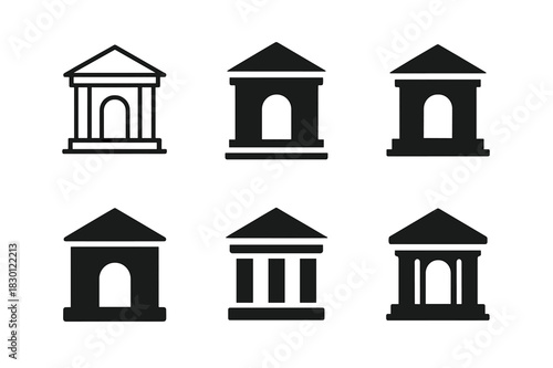 Museum Logo Icons. Visiting museums. Icon set. Set Logo of museum entrance arch. harmonious logo variations of the same emblematic concept (Minimal outline,
