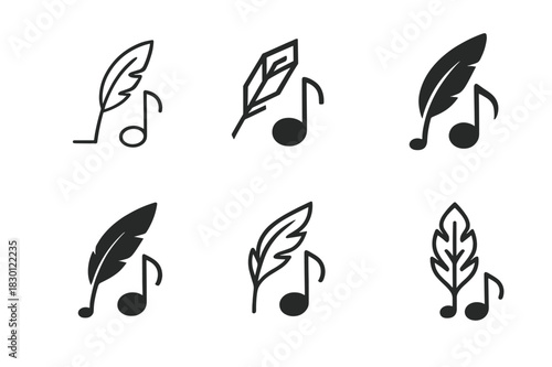Musical Emblem Variations. Composition in music. Icon set. Set Logo of music composition: quill and note. harmonious logo variations of the same emblematic
