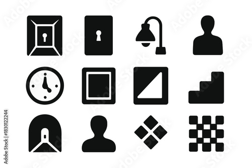 Mystery Corridor Icons. Mystery Corridor. Solid icon set of Mystery Corridor: long hallway, door at end, keyhole, lamp, shadow, clock, frame, step, beam of
