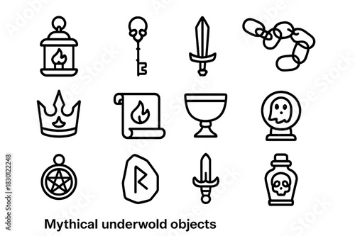 Mythical Underworld Icons. Mythical underworld objects. Line icon set of mythical underworld objects: Soul Lantern, Shadow Key, Obsidian Sword, Ghostly Chain,