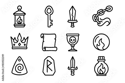 Mythical Underworld Icons. Mythical underworld objects. Line icon set of mythical underworld objects: Soul Lantern, Shadow Key, Obsidian Sword, Ghostly Chain,