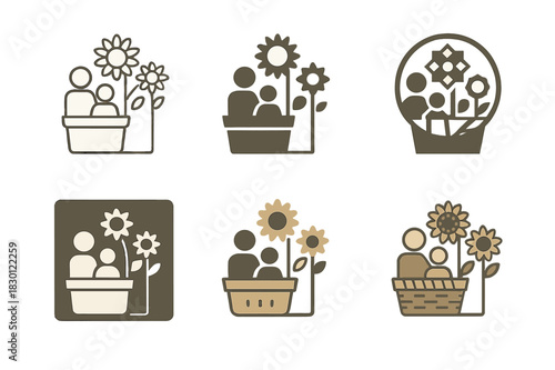 Sunflower Picnic Logos. family picnic at sunflower fields. Icon set. Set Logo of family picnic at sunflower fields: picnic basket with sunflowers. harmonious