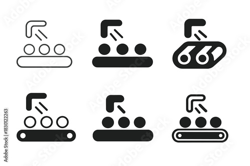 Conveyor Sensor Logos. conveyor system sensors. Icon set. Set Logo of conveyor system sensors: conveyor belt with sensor beam. harmonious logo variations of
