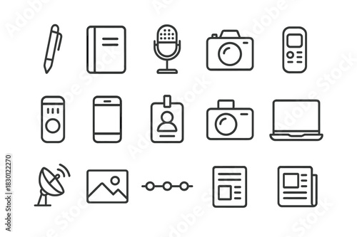 Journalism Tools Icons. Journalism tools. Line icon set of journalism tools: pen, notebook, microphone, camera, audio recorder, smartphone, press badge,
