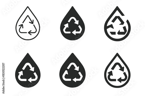 Waste Management Icons. Water treatment and waste management solutions. Icon set. Set Logo of water treatment and waste management solutions: water droplet
