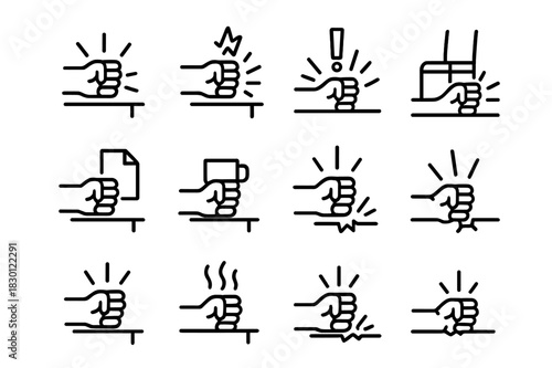 Impactful Fist Icons. Fist hitting table. Line icon set of fist hitting table: fist, table, impact lines, sound burst, hand, anger symbol, chair, paper, coffee
