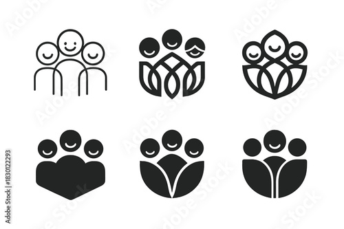 Joyful Emblem Variations. Shared Joy. Icon set. Set Logo of Shared Joy: Laughter Group. harmonious logo variations of the same emblematic concept, each with