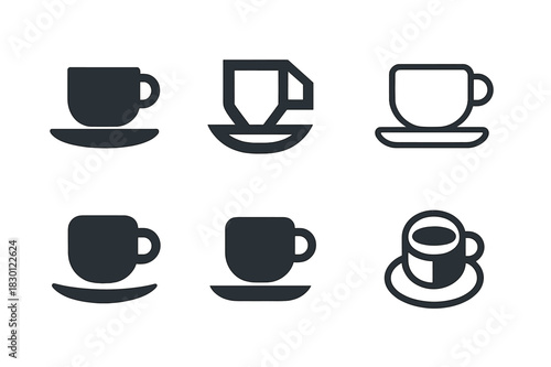 Cafe Logo Variations. cafe. Icon set. Set Logo of cafe: coffee mug with saucer. harmonious logo variations of the same emblematic concept, each with different