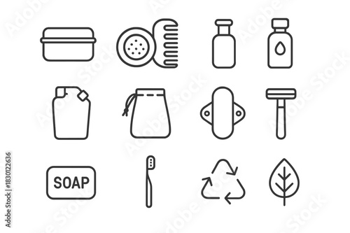 Zero Waste Beauty Icons. Zero waste beauty. Line icon set of zero waste beauty: metal tin, shampoo bar, wooden comb, glass bottle, refill pouch, cloth bag,