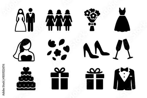 Wedding Icon Set. Wedding party scene. Solid icon set of Wedding party scene: bride, bridesmaids, groom, bouquet, wedding dress, veil, flower petals, shoes,