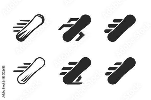 Snowboarding Logo Set. snowboarding. Icon set. Set Logo of snowboarding: snowboard with motion trails. harmonious logo variations of the same emblematic