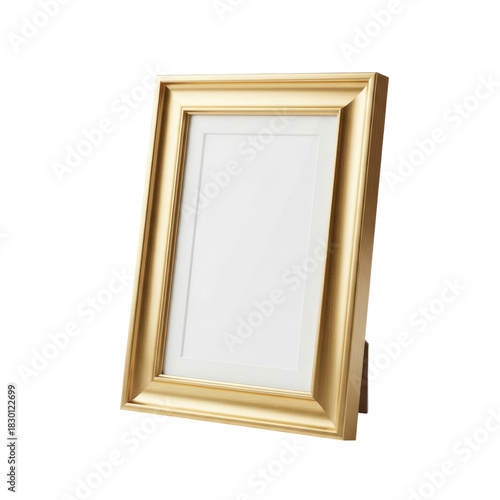 A gold-colored picture frame stands upright, angled slightly, showcasing a blank white space for an image.