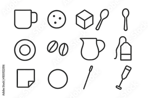 Coffee Break Icons. Coffee break items. Line icon set of Coffee break items: coffee mug, biscuit, sugar cube, spoon, saucer, coffee beans, milk jug, tea bag,