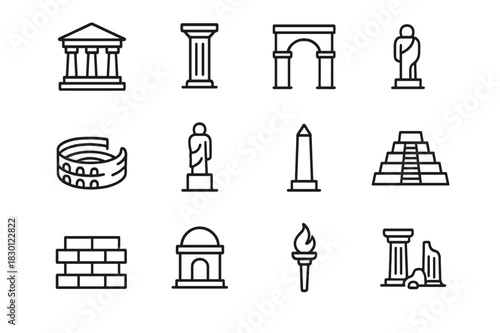 Ancient Architecture Icons. Ancient architecture. Line icon set of ancient architecture: temple, column, arch, gate, amphitheater, statue, obelisk, step