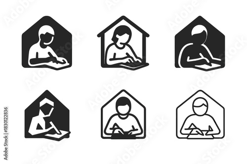 Creative Logo Variations. Working on a creative project from home. Icon set. Set Logo of working on a creative project from home: Person sketching on tablet.