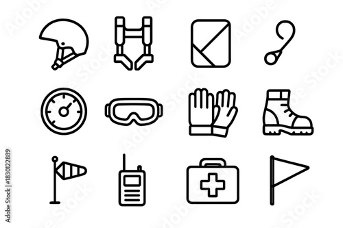 Parachute Gear Icons. Parachuting safety gear. Line icon set of Parachuting safety gear: helmet, harness, reserve chute, ripcord, altimeter, goggles, gloves,