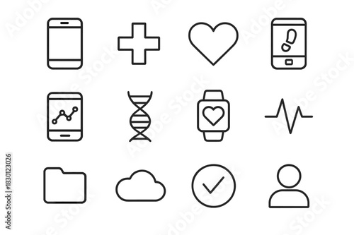 Mobile Health Icon Set. Mobile health apps. Line icon set of mobile health apps: smartphone, cross, heart, step counter, chart, DNA, smartwatch, pulse, folder,