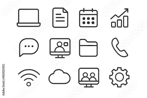 Collaboration Tools Icons. Collaboration tools. Line icon set of collaboration tools: laptop, document, calendar, chart, chat bubble, video call, folder,