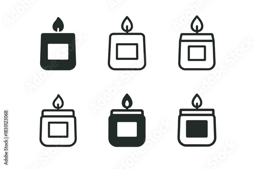 Candle Logo Variations. candle. Icon set. Set Logo of candle: scented candle with label. harmonious logo variations of the same emblematic concept, each with