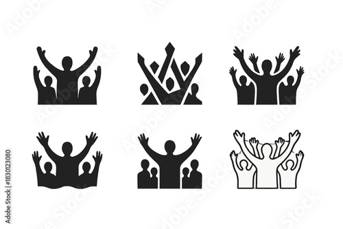 Crowd Roar Icons. crowd roaring. Icon set. Set Logo of crowd roaring: raised hands. harmonious logo variations of the same emblematic concept, each with