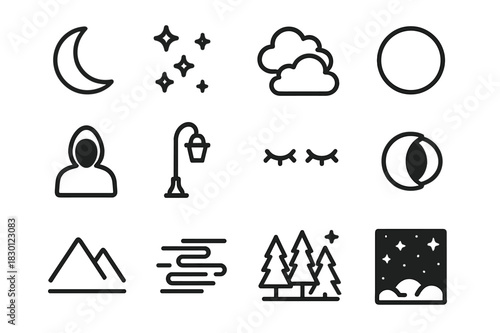 Nightfall Icon Collection. Nightfall. Line icon set of Nightfall: crescent moon, stars, dark clouds, moon, shadow figure, street lamp off, closed eyes,
