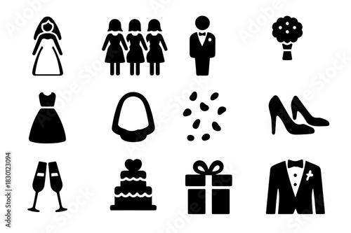 Wedding Icon Set. Wedding party scene. Solid icon set of Wedding party scene: bride, bridesmaids, groom, bouquet, wedding dress, veil, flower petals, shoes,